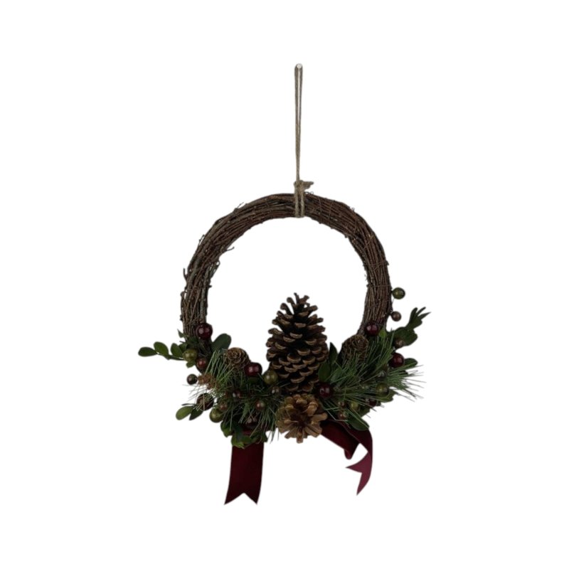 Rattan Pinecone and Berry Wreath with Bow 24cm - Garland - British D'sire