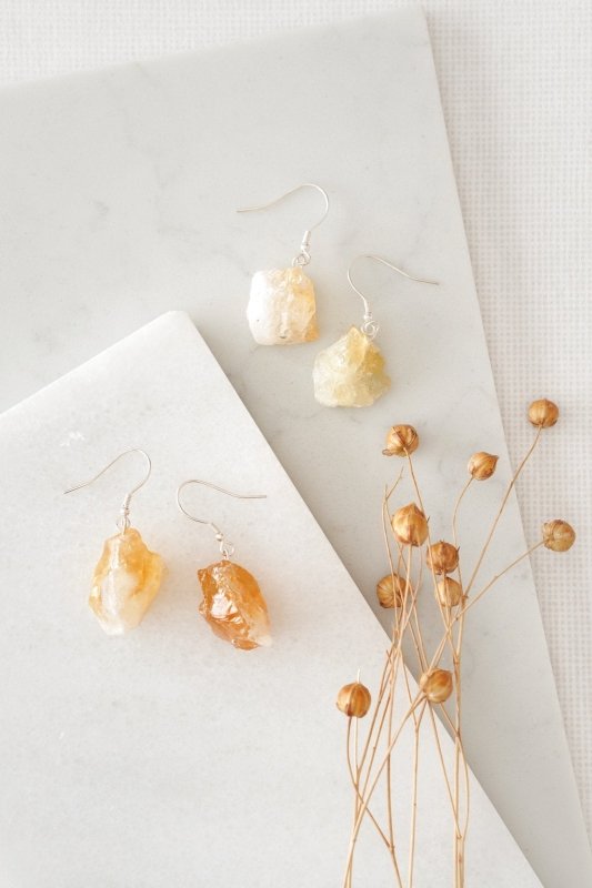 Raw Citrine Crystal Rock Earrings in Silver - Earrings - British D'sire
