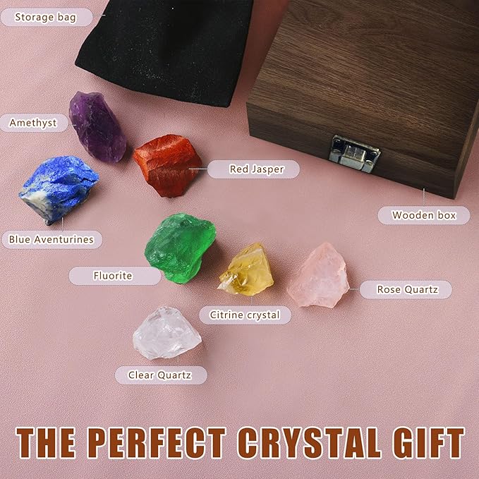 Vista – Premium 7 Chakra Healing Crystals Set with Rose Quartz & Clear Quartz (1.2-2.0 Inches) – Natural Raw Crystals in Wooden Box - Spiritual Meditation & Wellness Gift for Women. Secondary image