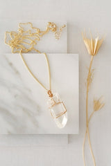 Raw Quartz Crystal Square Pendant in Gold - Necklaces - British D'sire