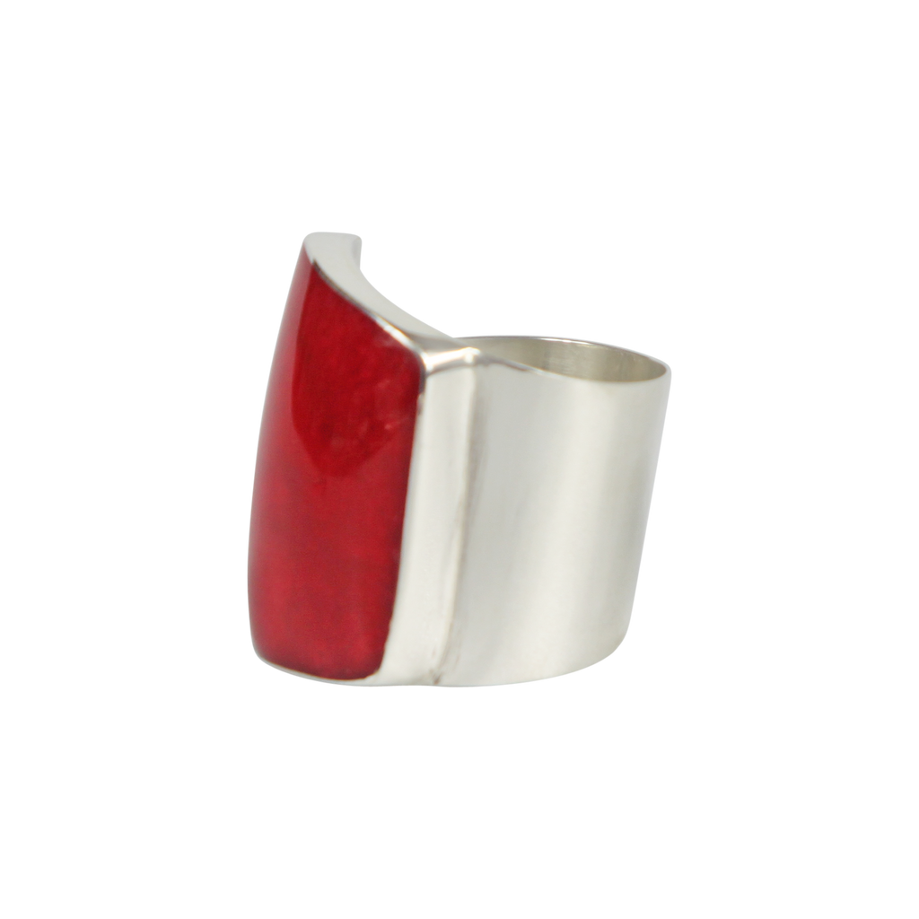 Coral misshaped colourful rectangle ring with sterling silver base by Sundari jewellery