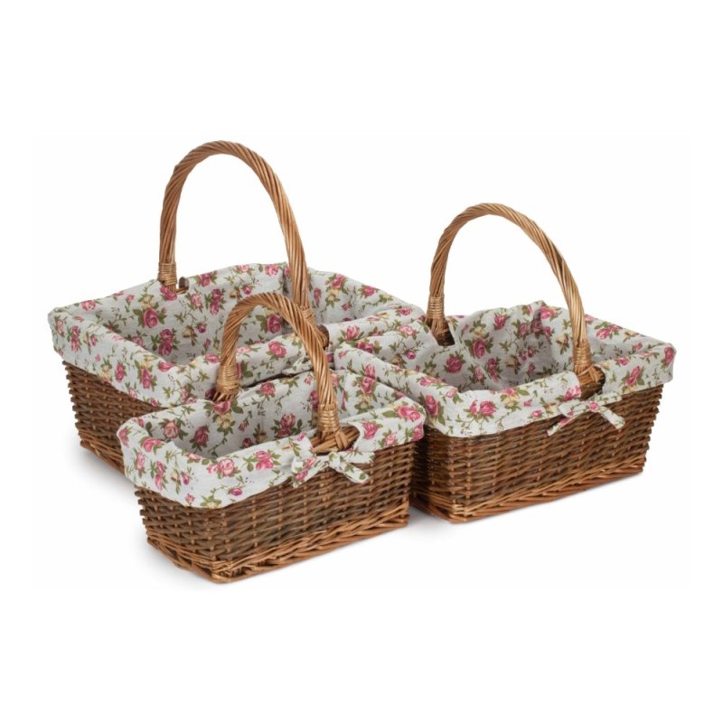 Rectangular Unpeeled Willow Shopping Basket With Garden Rose Lining - Shopping Baskets - British D'sire