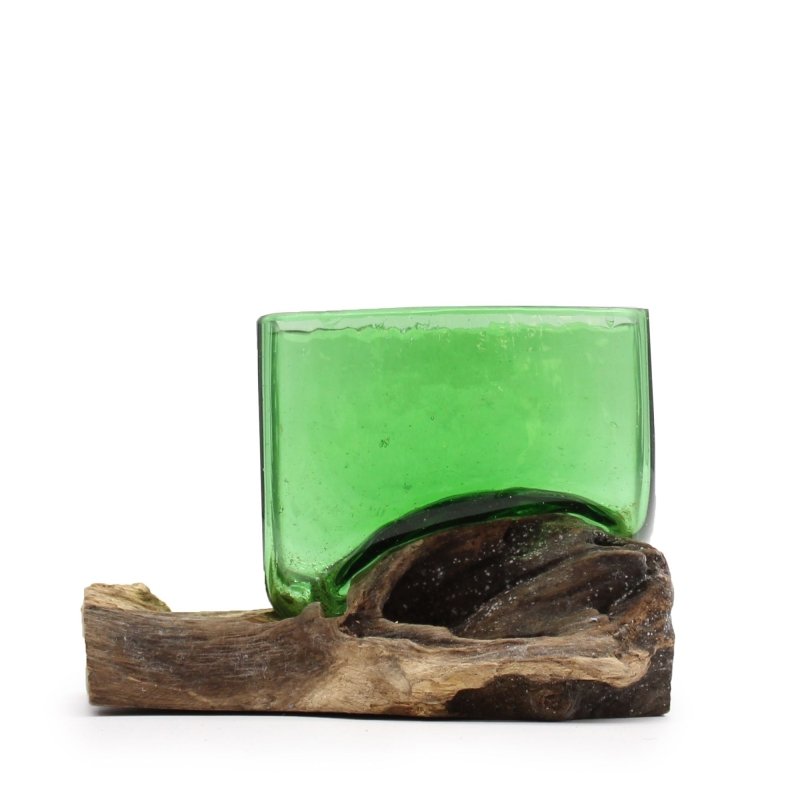 Recycled Beer Bottles - Square Bowl On Wood - Glass Decor - British D'sire