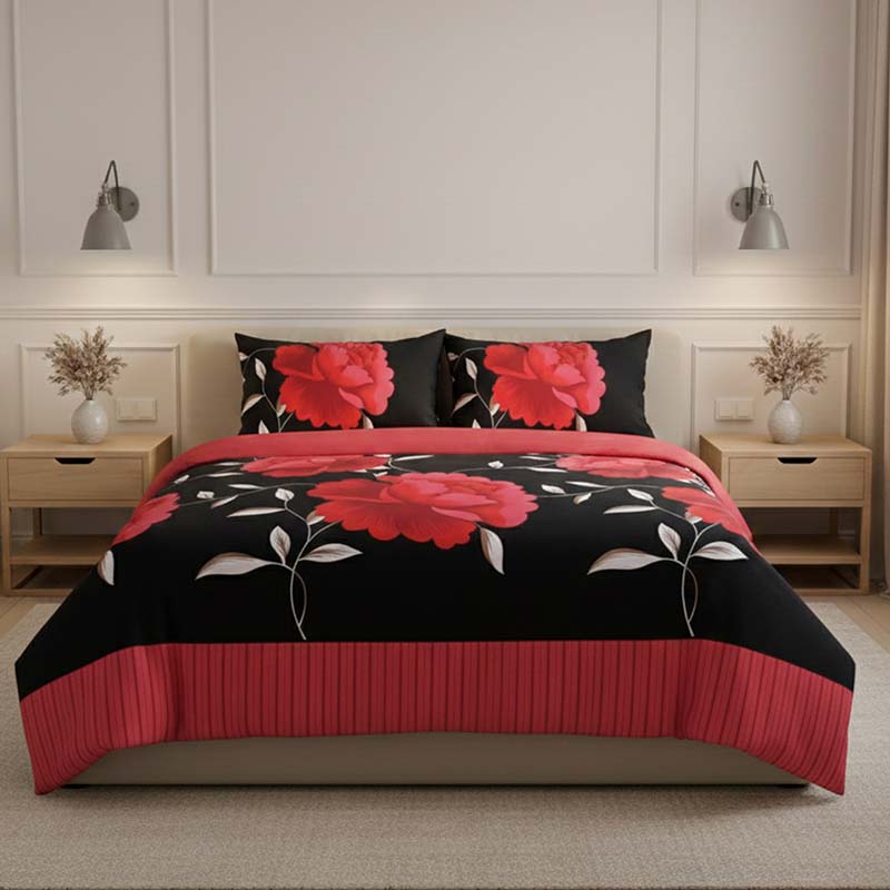 Reversible Floral Duvet Set Elegant Flower Stripe Pattern Bedding for Home Decor - Fuchsia - Single