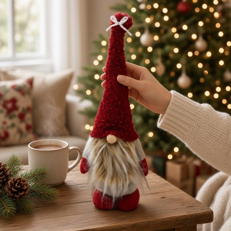 Red and Beige Fabric Gonk Christmas Ornament - Christmas Decor - British D'sire