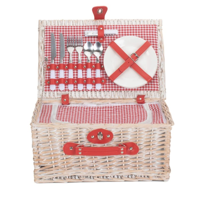 Red and White Gingham 2 Person Fitted Wicker Picnic Basket - Fitted Picnic Baskets - British D'sire