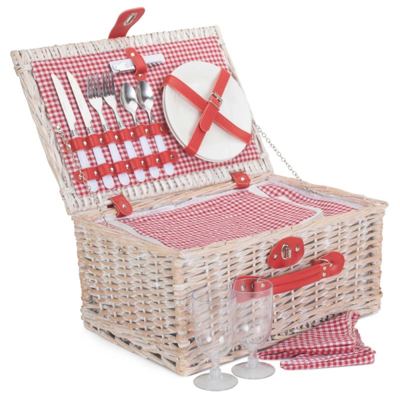 Red and White Gingham 2 Person Fitted Wicker Picnic Basket - Fitted Picnic Baskets - British D'sire