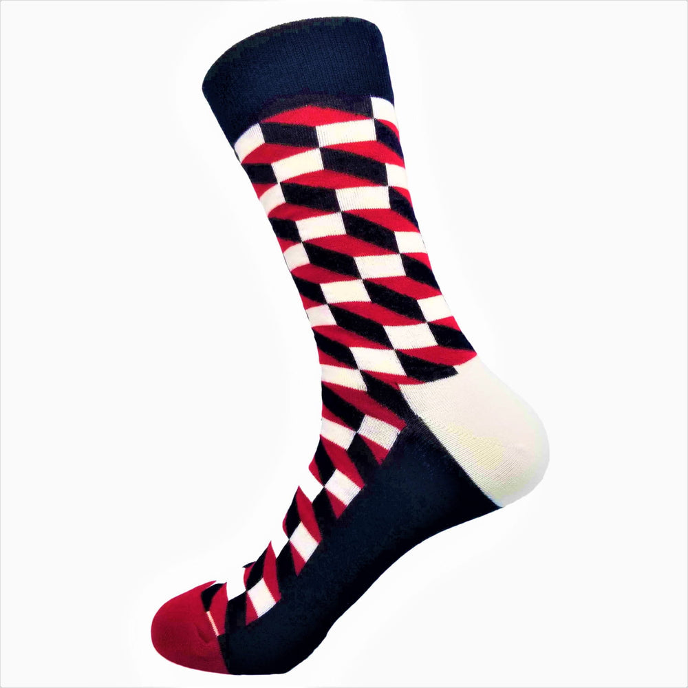 Checkered sock with red, white, and black pattern on a white background