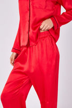Red Long sleeve satin Pj set, elaina fashion Women's Red Silk Satin Pyjama Sleepwear Set Button Down Long Sleeves Wedding Loungewear Silk 2 Piece PJs Pant - Loungewear - British D'sire