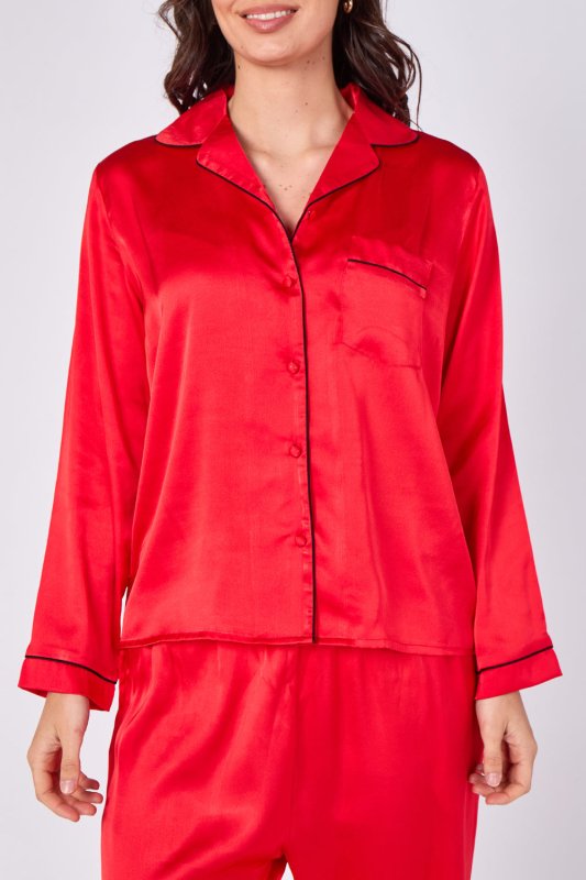 Red Long sleeve satin Pj set, elaina fashion Women's Red Silk Satin Pyjama Sleepwear Set Button Down Long Sleeves Wedding Loungewear Silk 2 Piece PJs Pant - Loungewear - British D'sire