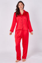 Red Long sleeve satin Pj set, elaina fashion Women's Red Silk Satin Pyjama Sleepwear Set Button Down Long Sleeves Wedding Loungewear Silk 2 Piece PJs Pant - Loungewear - British D'sire