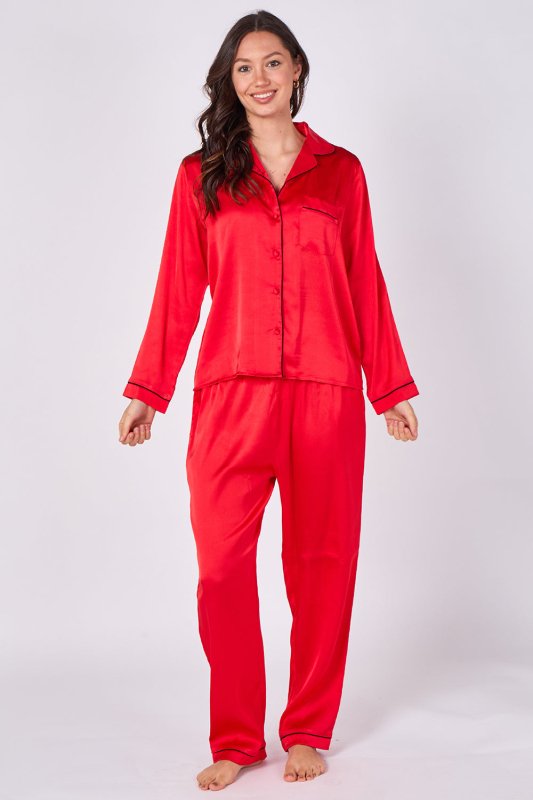 Red Long sleeve satin Pj set, elaina fashion Women's Red Silk Satin Pyjama Sleepwear Set Button Down Long Sleeves Wedding Loungewear Silk 2 Piece PJs Pant - Loungewear - British D'sire