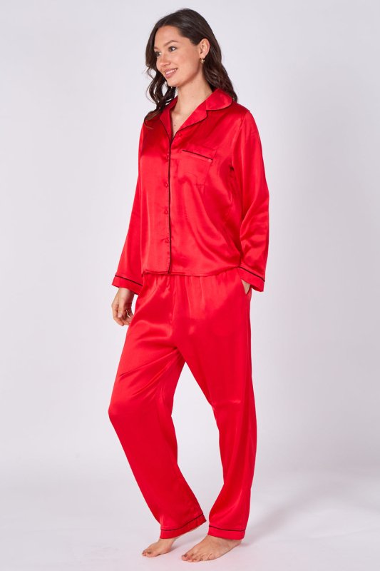 Red Long sleeve satin Pj set, elaina fashion Women's Red Silk Satin Pyjama Sleepwear Set Button Down Long Sleeves Wedding Loungewear Silk 2 Piece PJs Pant - Loungewear - British D'sire