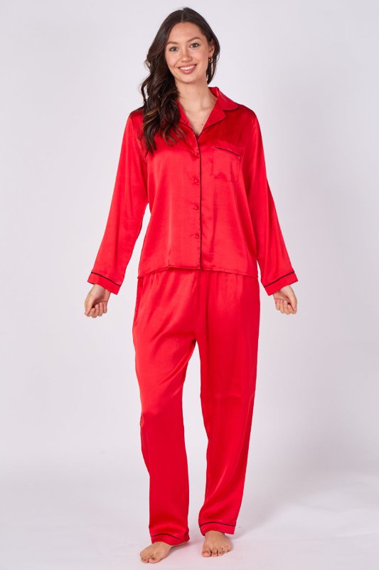 Red Long sleeve satin Pj set, elaina fashion Women's Red Silk Satin Pyjama Sleepwear Set Button Down Long Sleeves Wedding Loungewear Silk 2 Piece PJs Pant - Loungewear - British D'sire Main image