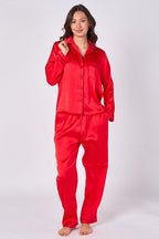 Red Long sleeve satin Pj set, elaina fashion Women's Red Silk Satin Pyjama Sleepwear Set Button Down Long Sleeves Wedding Loungewear Silk 2 Piece PJs Pant - Loungewear - British D'sire