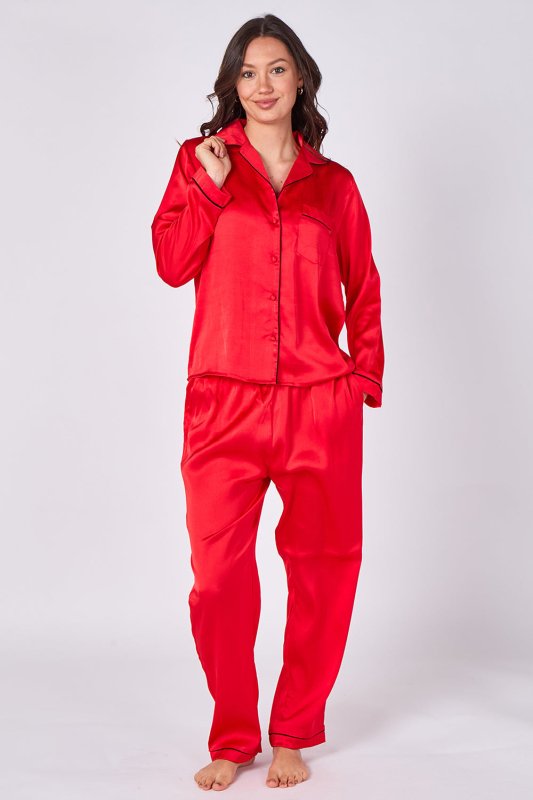 Red Long sleeve satin Pj set, elaina fashion Women's Red Silk Satin Pyjama Sleepwear Set Button Down Long Sleeves Wedding Loungewear Silk 2 Piece PJs Pant - Loungewear - British D'sire
