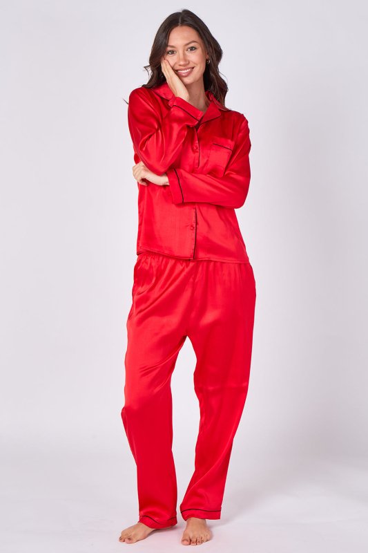 Red Long sleeve satin Pj set, elaina fashion Women's Red Silk Satin Pyjama Sleepwear Set Button Down Long Sleeves Wedding Loungewear Silk 2 Piece PJs Pant - Loungewear - British D'sire