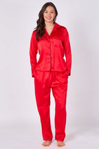 Red Long sleeve satin Pj set, elaina fashion Women's Red Silk Satin Pyjama Sleepwear Set Button Down Long Sleeves Wedding Loungewear Silk 2 Piece PJs Pant - Loungewear - British D'sire