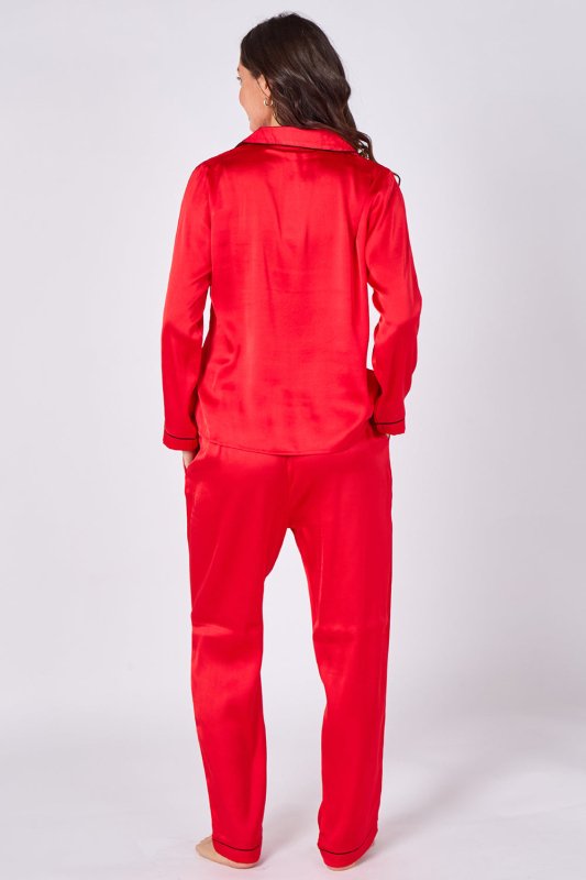 Red Long sleeve satin Pj set, elaina fashion Women's Red Silk Satin Pyjama Sleepwear Set Button Down Long Sleeves Wedding Loungewear Silk 2 Piece PJs Pant - Loungewear - British D'sire