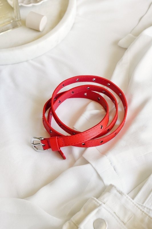 Red PU Skinny Belt with Heart Holes - Belts - British D'sire Main image
