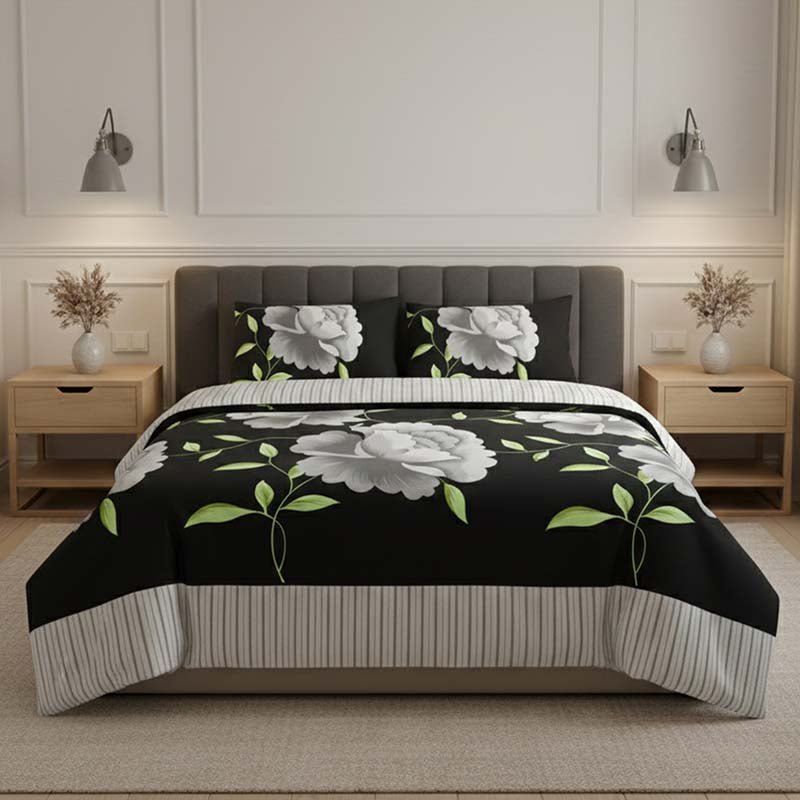 Reversible Floral Duvet Set Elegant Flower Stripe Pattern Bedding for Home Decor - Lilac - Double - British D'sire