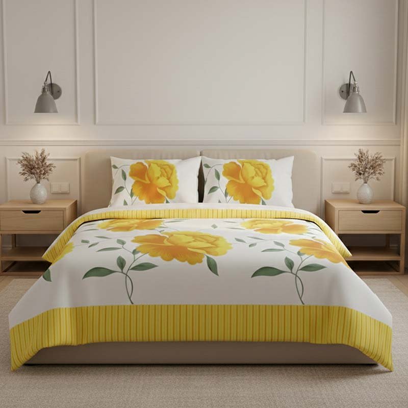 Reversible Floral Duvet Set Elegant Flower Stripe Pattern Bedding for Home Decor - Yellow - Super King - British D'sire