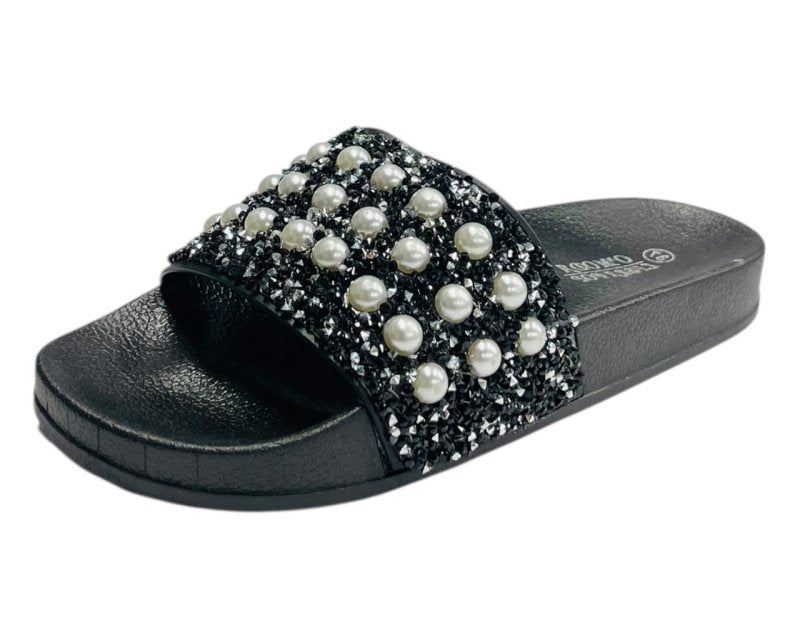 Rhinestone Embellished Flat Slide Sandals - Sandals - British D'sire