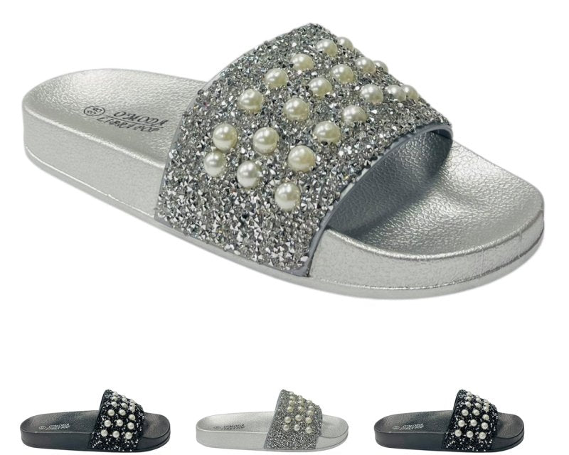 Rhinestone Embellished Flat Slide Sandals - Sandals - British D'sire