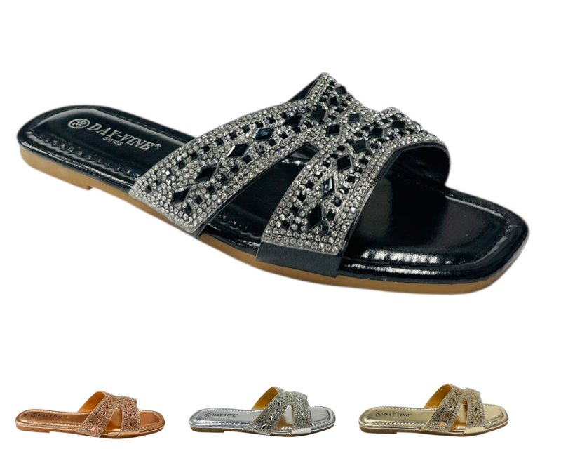 Rhinestone Embellished Flat Sole Sandals - Sandals - British D'sire Main image