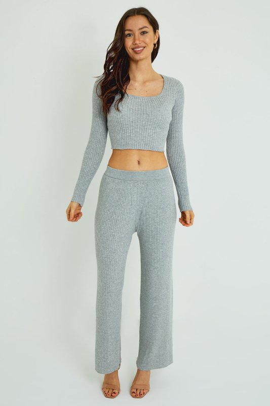 Ribbed Knit Crop Top & Wide Leg Trouser Co - Ord Set - co ord set - British D'sire