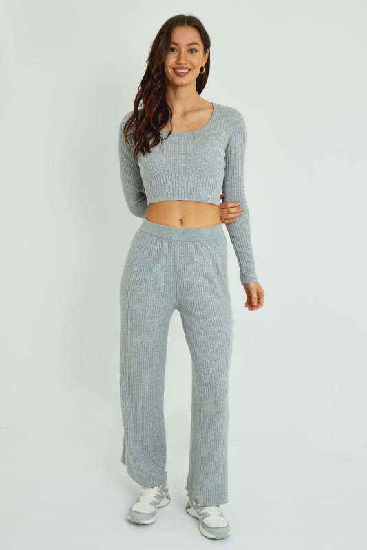 Ribbed Knit Crop Top & Wide Leg Trouser Co - Ord Set - co ord set - British D'sire