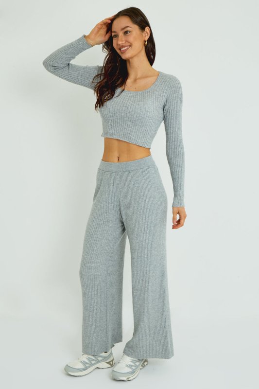 Ribbed Knit Crop Top & Wide Leg Trouser Co - Ord Set - co ord set - British D'sire