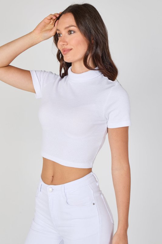 Ribbed Roll Neck Short Sleeve Crop Top white - Crop Top - British D'sire