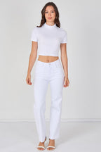 Ribbed Roll Neck Short Sleeve Crop Top white - Crop Top - British D'sire