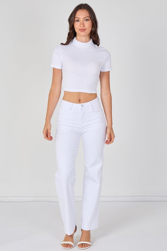 Ribbed Roll Neck Short Sleeve Crop Top white - Crop Top - British D'sire