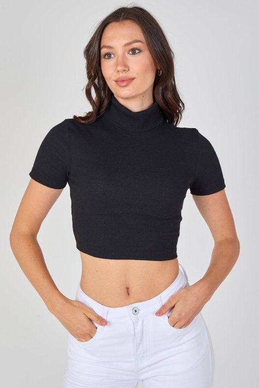Ribbed Roll Neck Short Sleeve Crop Top - Crop Top - British D'sire