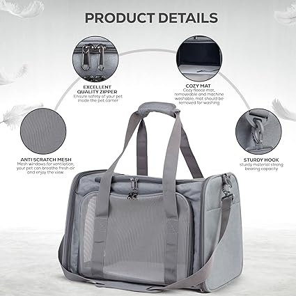 Rivolii PetBuds Soft - Sided Foldable Pet Carrier Bag – Medium (Airline Approved) | Durable Cat/Dog Travel Bag with Shoulder Strap & Multi - Layer Removable Mat | Grey Portable Pet Basket for Comfort & Convenience - Pet Carriers - British D'sire
