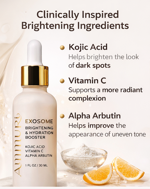 Ammuri Exosome Booster Serum – Brightening & Hydration Booster with Kojic Acid, Vitamin C & Alpha Arbutin | Fades Dark Spots, Evens Skin Tone & Boosts Radiance | For Face & Body – 30ml Secondary image