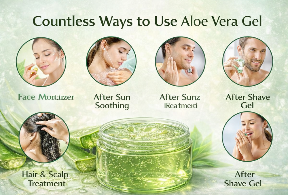 Promotional graphic showing various uses of aloe vera gel with images of people applying it.