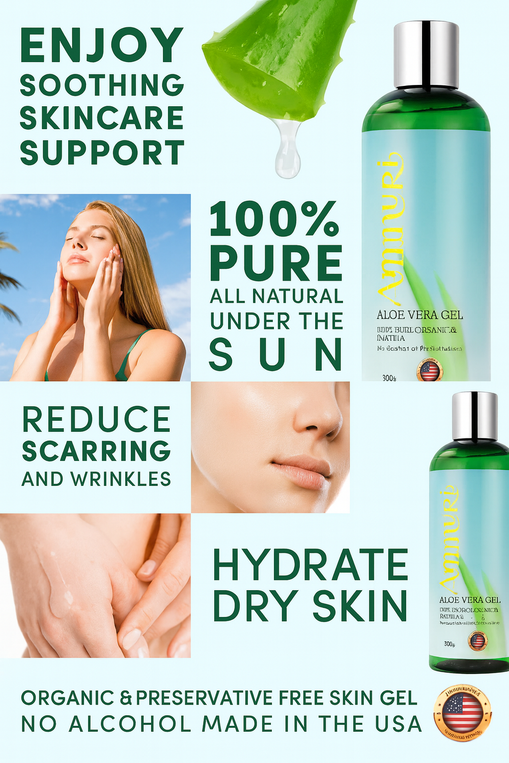 Ammuri Organic Pure Aloe Vera Gel 100% Pure, Natural Organic Soothes Hydrates & Repairs