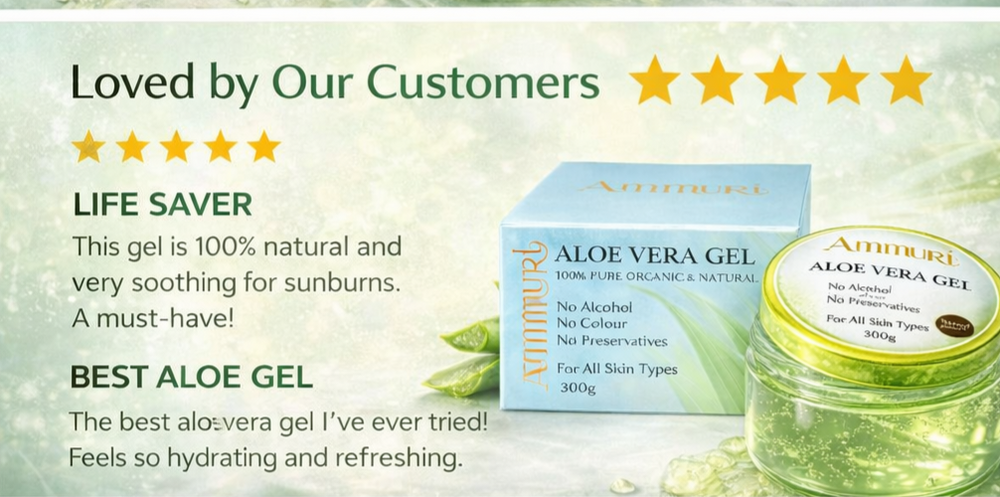 Aloe vera gel packaging with customer testimonials on a light green background