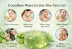 Promotional graphic showing various uses of aloe vera gel with images of people applying it.