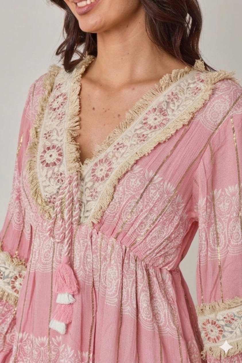 Boho Fringe Detail Viscose Dress – Lightweight Tiered Mini Dress