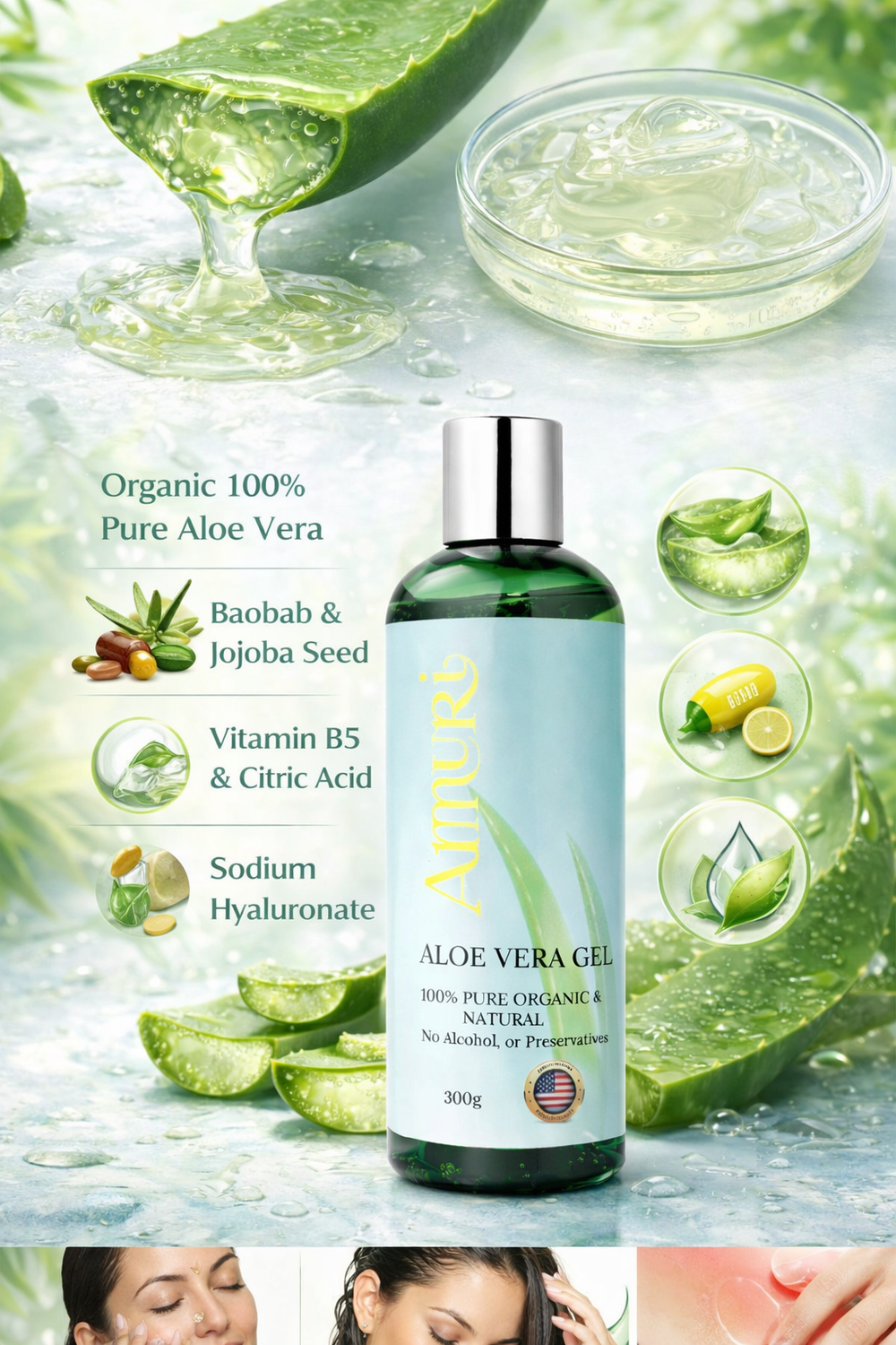 Ammuri Organic Pure Aloe Vera Gel 100% Pure, Natural Organic Soothes Hydrates & Repairs