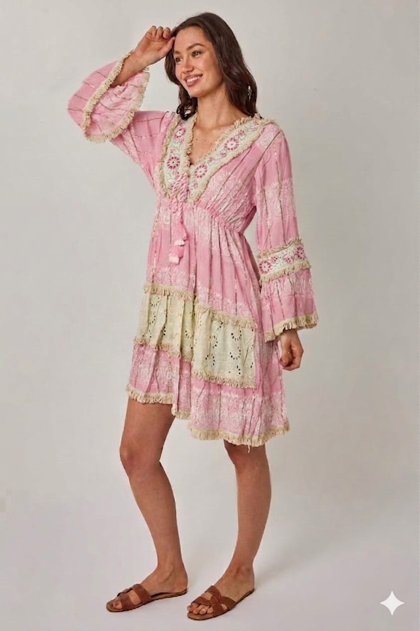 Boho Fringe Detail Viscose Dress – Lightweight Tiered Mini Dress