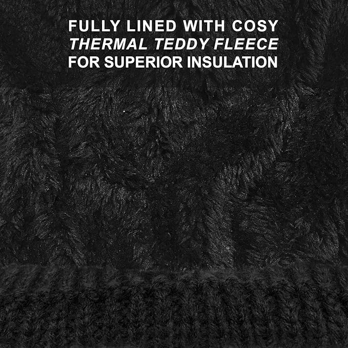 RockJock Ladies Warm Chunky Diamond Cable Knit Hat with Thermal Teddy Fleece Lining and Detachable Faux Fur Pompom Secondary image