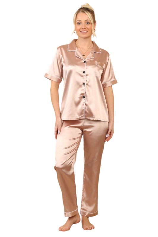 Rose Gold Short sleeve satin Pj set, elaina fashion Women's Rose Gold Silk Satin Pyjama Sleepwear Set Button Down Short Sleeves - Loungewear - British D'sire Main image