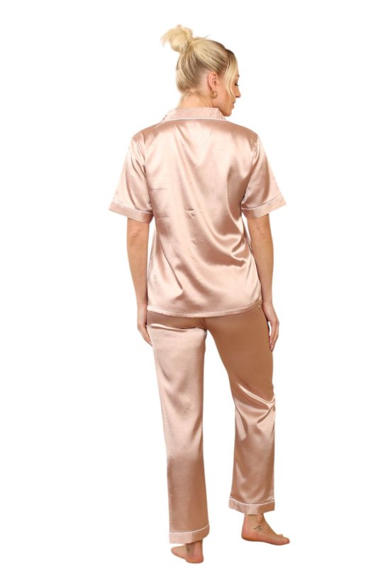 Rose Gold Short sleeve satin Pj set, elaina fashion Women's Rose Gold Silk Satin Pyjama Sleepwear Set Button Down Short Sleeves - Loungewear - British D'sire