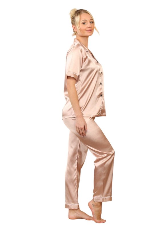 Rose Gold Short sleeve satin Pj set, elaina fashion Women's Rose Gold Silk Satin Pyjama Sleepwear Set Button Down Short Sleeves - Loungewear - British D'sire