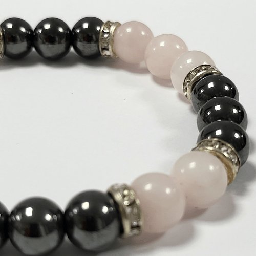 Rose Quartz And Hematite Crystal Bracelet 8mm Beads Ancestors Love - British D'sire